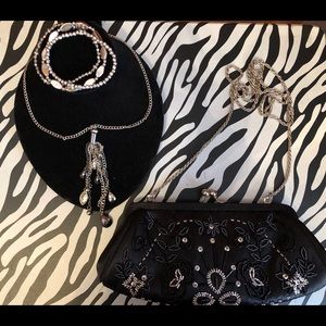 Black Bag, necklace w/ beads, & 3 silver bracelets
